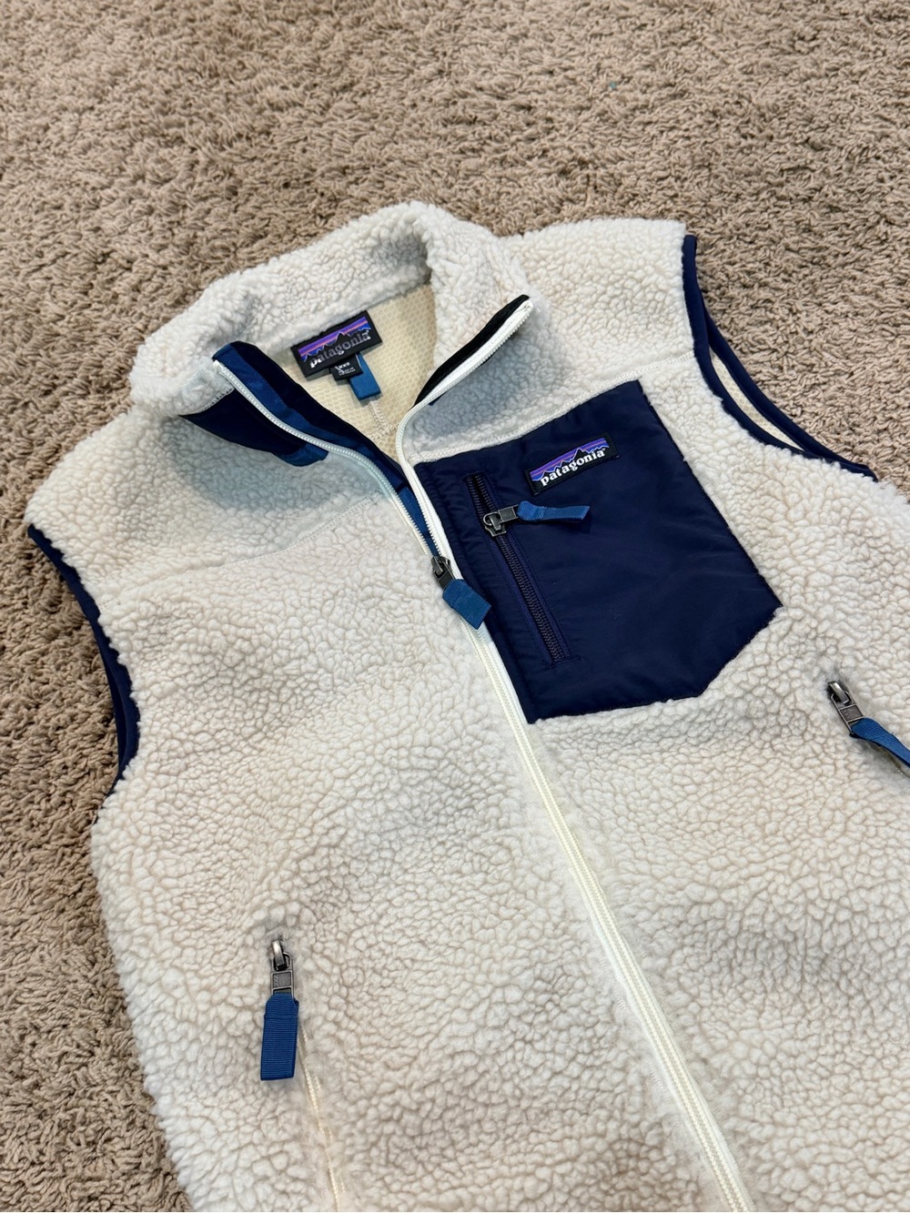 Patagonia Men's Retro-X Deep Pile Fleece Vest Cream/Blue, Size XXS, 23048 NWOT